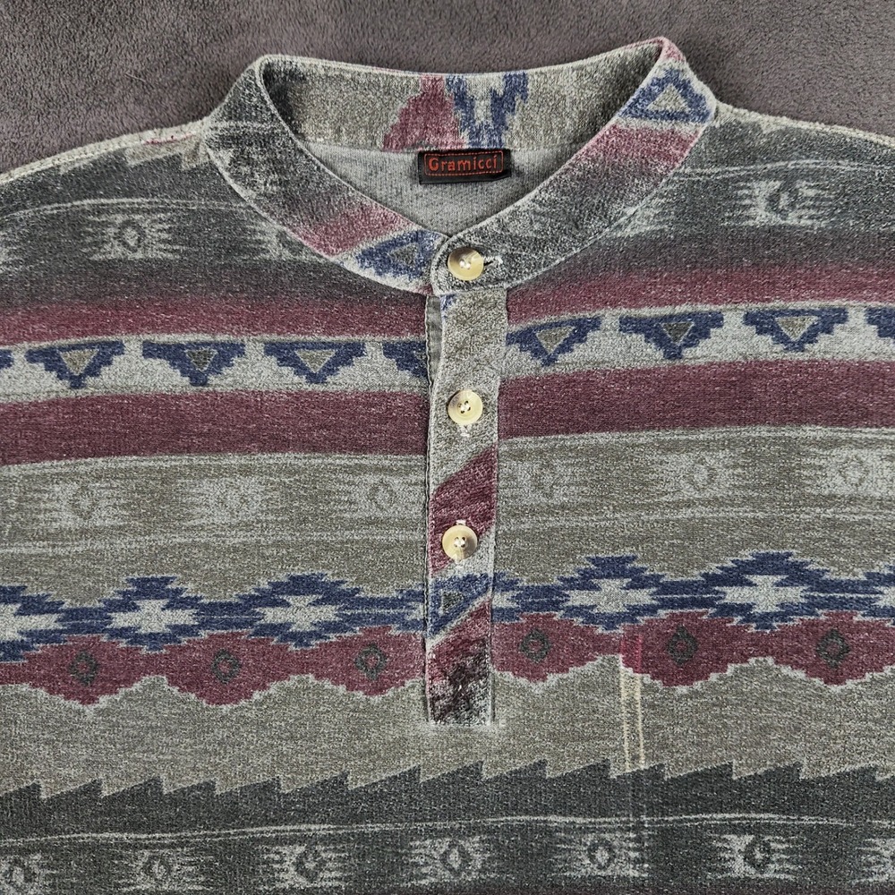 Gramicci Henley Shirt Mens XL Gray Aztec Southwestern Vintage 90s Made in USA